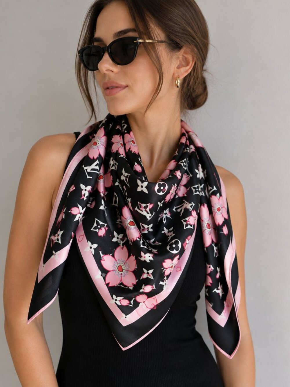 Black Pink Floral Monogram 100% Silk Scarf 35x35 Large Square
